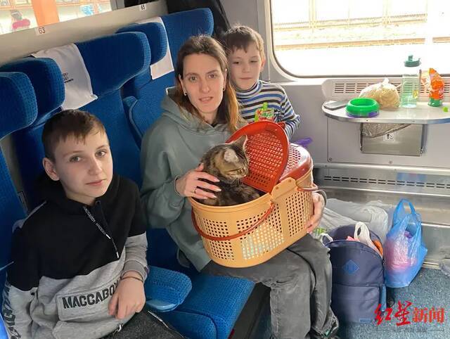 ▲伊琳娜把两只宠物猫放在篮子里，带着两个儿子一起逃到了波兰边境城市普热梅希尔