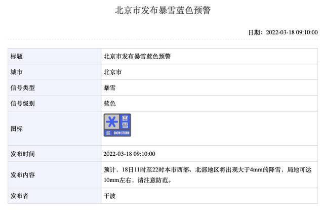 北京市发布暴雪蓝色预警