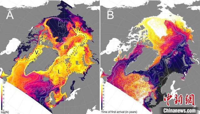 海洋聚集区和欧洲漂浮微塑料到达北极高地的预估时间（图源：论文作者）。施普林格·自然供图