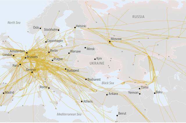 3月4日，俄罗斯上空航线稀疏来源：华尔街日报