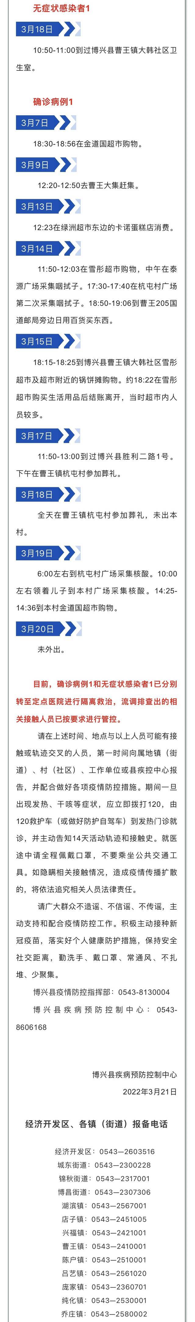 山东滨州博兴公布1例确诊病例、1例无症状感染者活动轨迹