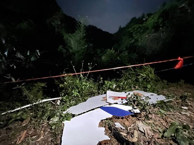 这是广西藤县坠机事故现场散落的飞机残骸。（3月22日摄，手机照片）新华社图