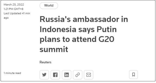 俄罗斯驻印尼大使称，普京计划参加G20峰会路透社