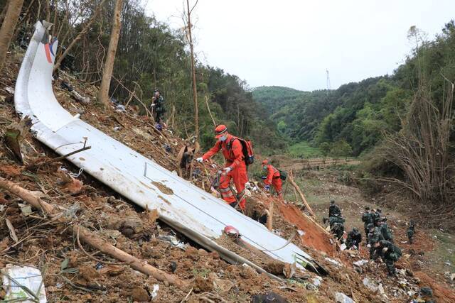 3月22日，在广西梧州藤县，武警广西总队官兵在东航MU5735航班坠机事故现场核心区搜索黑匣子。新华社发（江怀鹏摄）