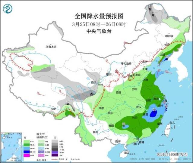 图3全国降水量预报图(3月25日08时-26日08时)