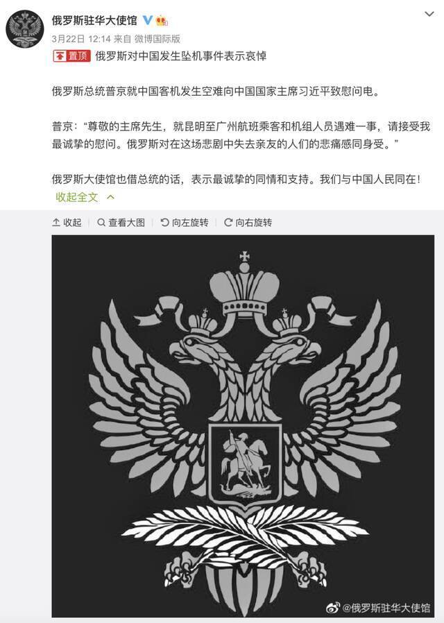 对中国发生坠机事件表示哀悼，俄驻华大使馆微博头像变灰色