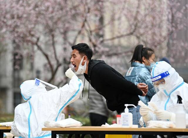 图为3月13日，居民在天津市西青区中北镇锦曦花苑社区核酸检测点进行核酸检测。新华社记者李然摄