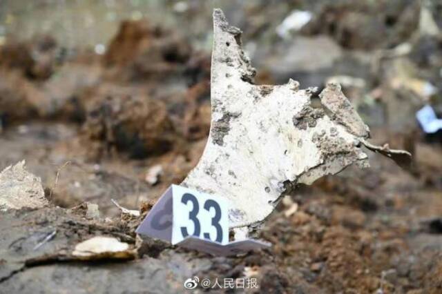 现场标记的飞机残骸。微博@人民日报图