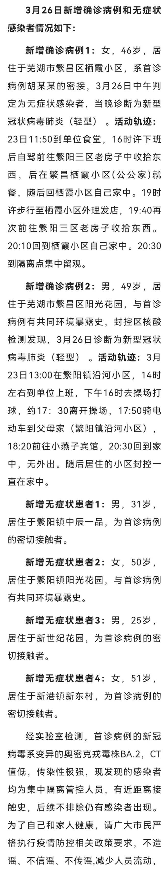 安徽芜湖繁昌区新增2例确诊病例、4例无症状感染者 活动轨迹公布