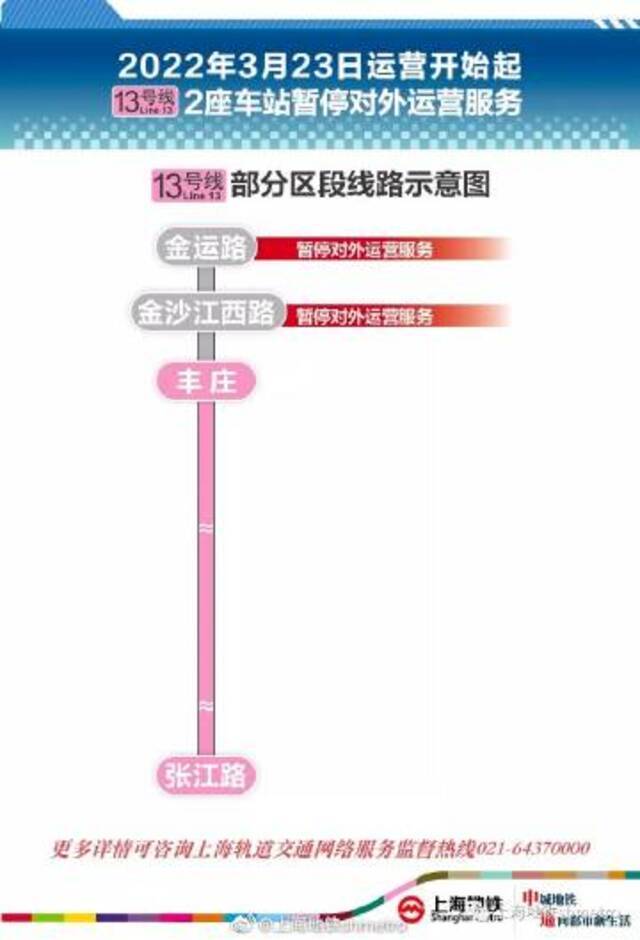 上海轨道交通13号线、14号线多个车站暂停服务