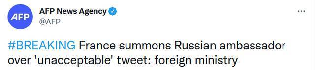 法新社：法国外交部因"不可接受"的推文召见俄罗斯大使
