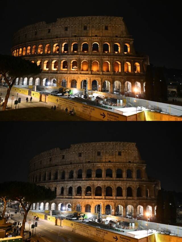 这张拼版照片显示的是，3月26日，意大利罗马斗兽场在“地球一小时”开始前后的景象。新华社记者金马梦妮摄