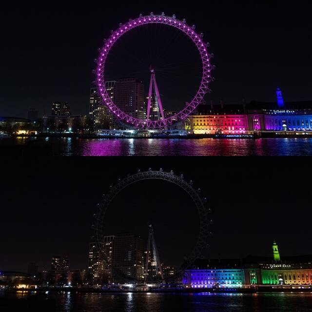 这张拼版照片显示的是，3月26日，位于英国伦敦的“伦敦眼”在“地球一小时”开始前后的景象。新华社发（雷伊·唐摄）