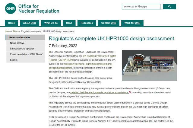 “经严格评估，华龙一号符合我们期待的高标准” ONR网站截图