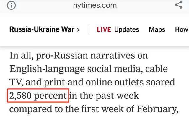 △《纽约时报》文章说，2月末，英文社交媒体上，挺俄言论相比2月初涨了25.8倍。