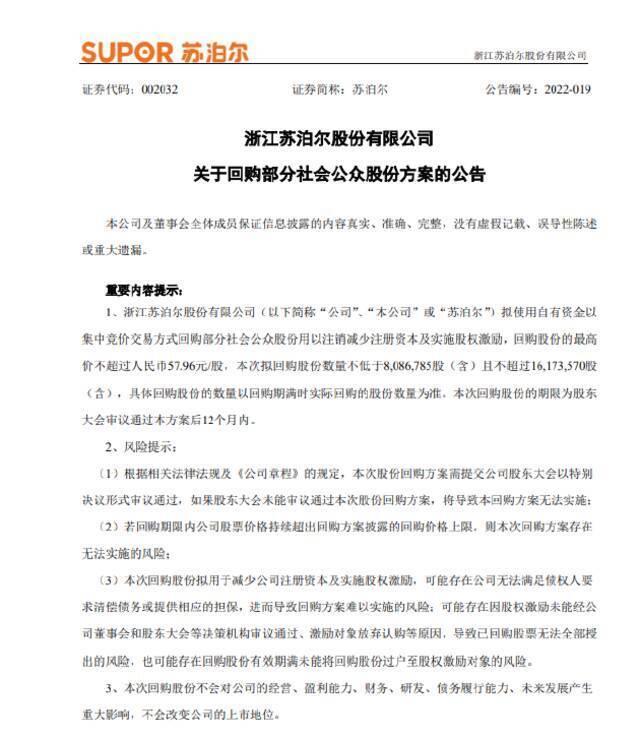 苏泊尔：拟回购1%-2%公司股份 年度分红拟10派19.3元