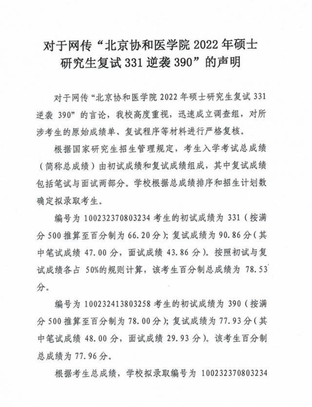 网传北京协和医学院2022年硕士研究生复试331逆袭390，官方通报：未发现违规行为