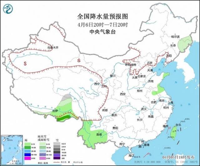 图3全国降水量预报图（4月6日20时-7日20时）