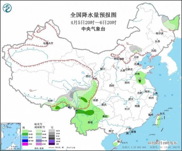 图2全国降水量预报图（4月5日20时-6日20时）