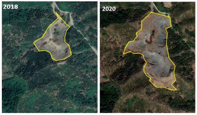 ▲百砬沟废弃矿山山体破坏面积增大（卫星影像图）。图源生态环境部