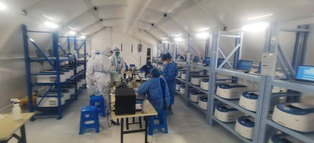 刘雅琴和同事正在上海宝山区兰卫方舱实验室工作。受访者供图