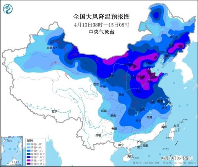 全国大风降温预报图（4月10日08时-15日08时）