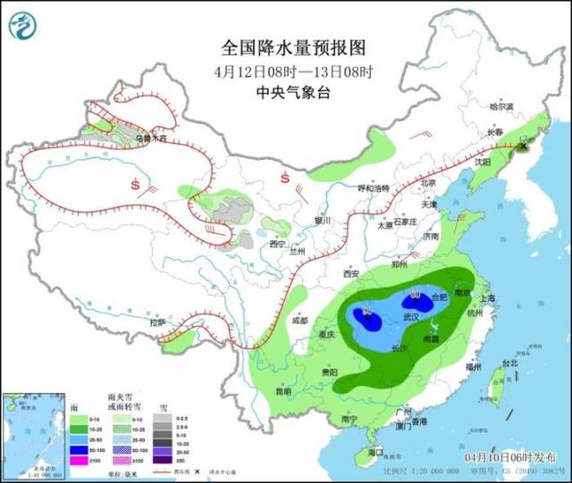 全国降水量预报图（4月12日08时-13日08时）