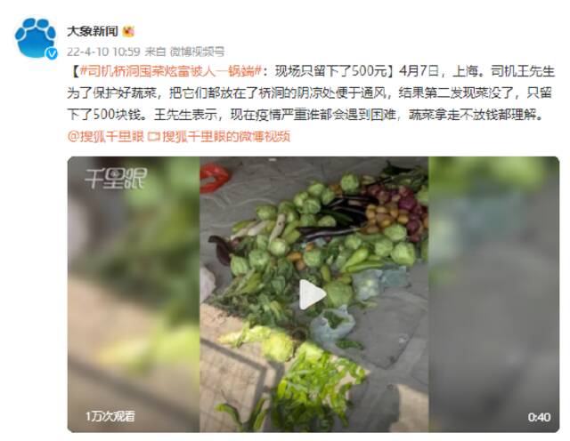 司机桥洞囤菜炫富被人一锅端：现场只留下了500元