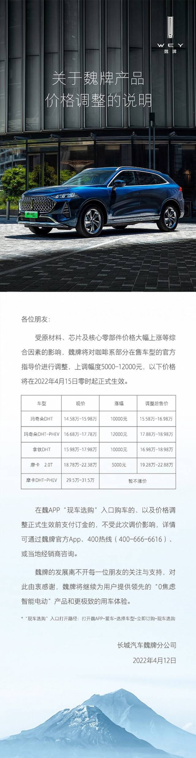 长城汽车旗下魏牌宣布涨价：咖啡系部分车型上调5000-12000元