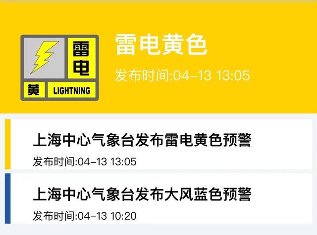 上海发布雷电黄色预警 预计有短时强降水