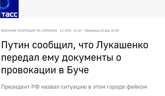 塔斯社：普京称卢卡申科向其转交了关于布恰“挑衅行动”的文件