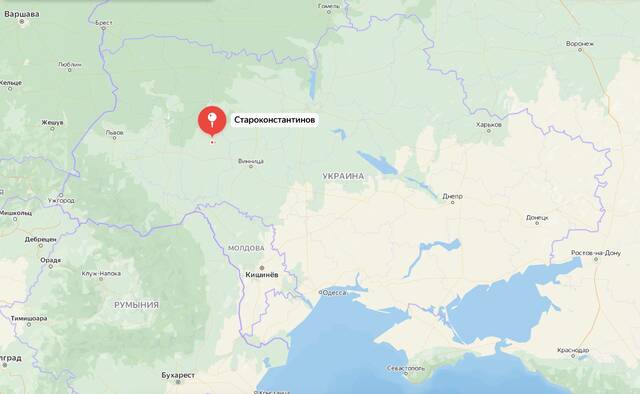 Yandex地图上赫梅利尼茨基州斯塔罗康斯坦丁诺夫地区示意图，该地位于乌克兰西部，直线距离首都基辅约250公里，俄军曾使用高精度导弹对赫梅利尼茨基州其他目标实施打击