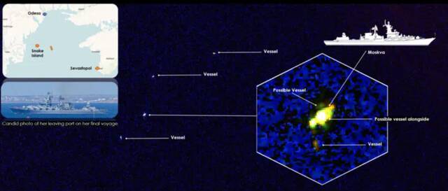 卫星图像显示了“莫斯科”号导弹巡洋舰沉没时的地理位置。图自“海军新闻”