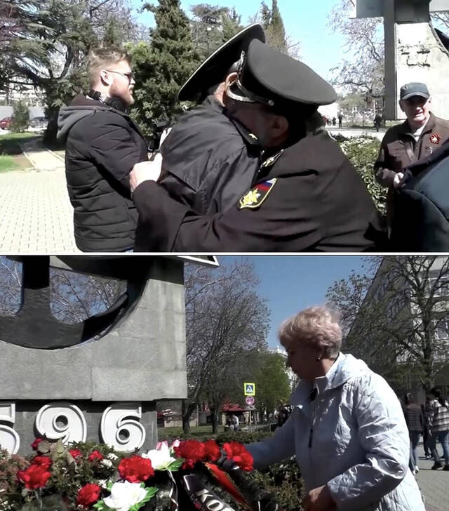 一些参与者互相拥抱，还有一些人献上鲜花，以纪念俄罗斯黑海舰队旗舰“莫斯科”号导弹巡洋舰。
