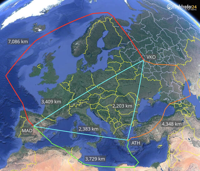 “Flightradar24”显示的航线图