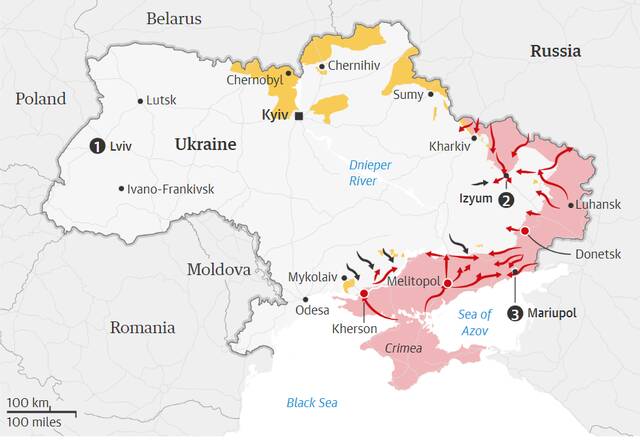 红色为俄占区，黑色及红色箭头分别为乌军和俄军进攻方向，图自《卫报》