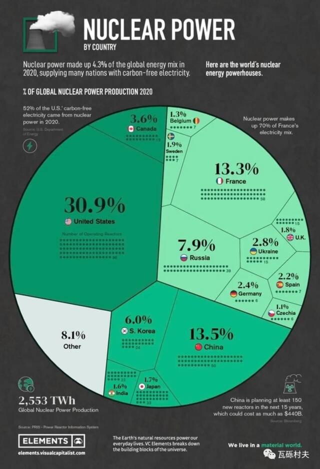 2020年世界各国核能发电占全球的比例。源: visualcapitalist.com