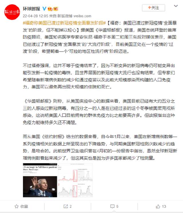 福奇：美国已渡过新冠疫情“全面暴发”的阶段