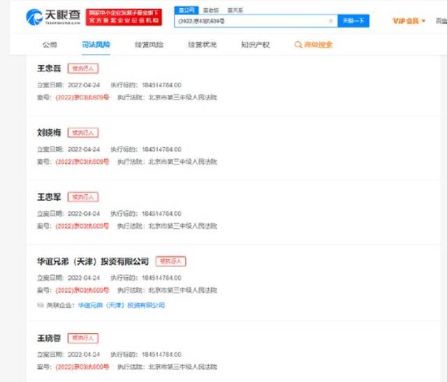 王忠磊、王忠军、王晓蓉、刘晓梅新增被执行人信息