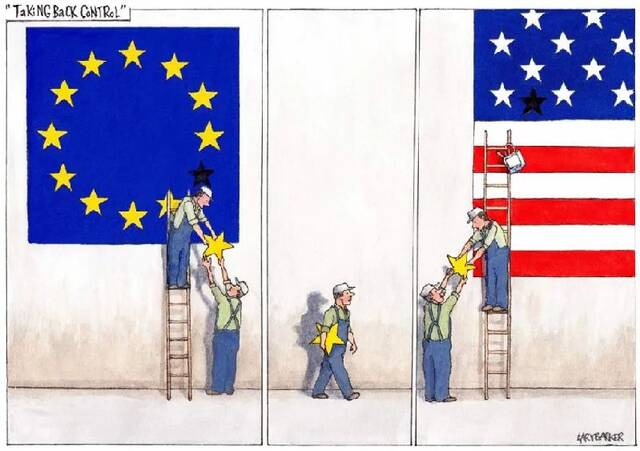 ▲美国借乌克兰危机不断分化欧洲，卸下欧盟的“星”，贴上美国的“旗”。（漫画|Gary Barker）