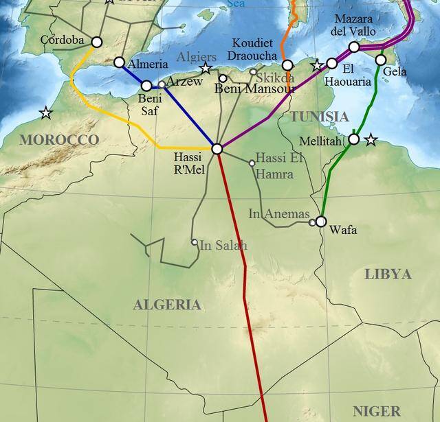 阿尔及利亚的天然气管道路线图，黄色为马格里布-欧洲天然气管道，蓝色为海底管道麦加兹。