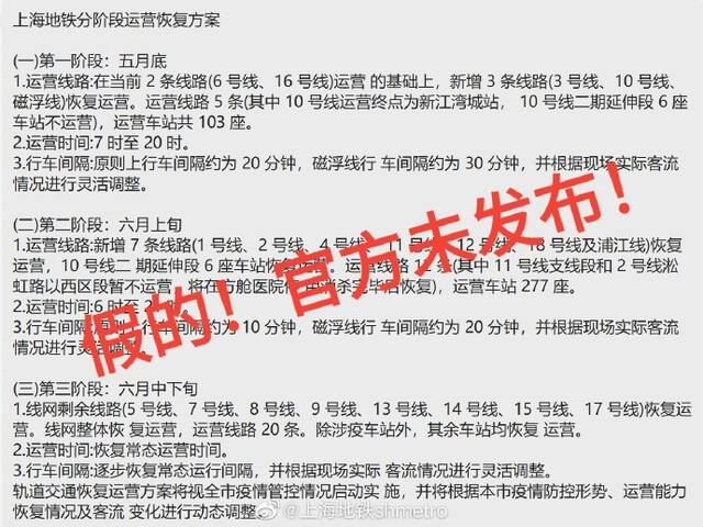 网传上海地铁分阶段运营恢复，官方辟谣