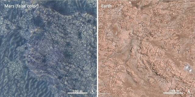 左图为假色照片显示火星Nili Fossae地区富含橄榄石的岩层与右图地球上熔接凝灰岩（真彩色）的对比。右图裂痕是冷缩节理，与左图中的非常相似。图片来源：HiR
