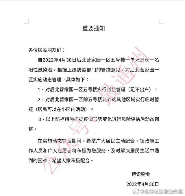 北京通州区两个小区临时管控，通报有阳性感染者！三元村菜市场、武夷华联封控！