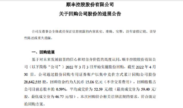 顺丰控股：已累计回购15.06亿元公司股份，平均成交价52.59元/股