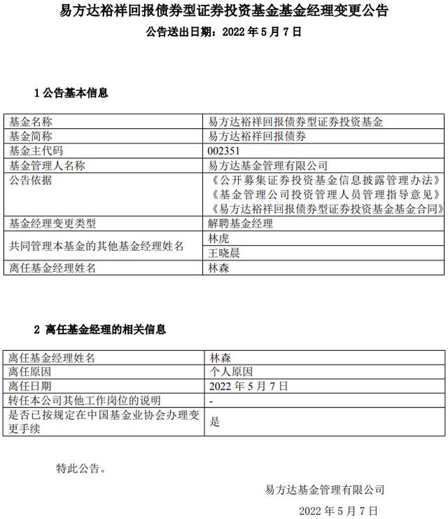 易方达裕祥回报基金经理变更公告