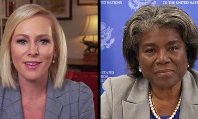 美常驻联合国代表琳达·托马斯-格林菲尔德（右）6日接受PBS节目采访