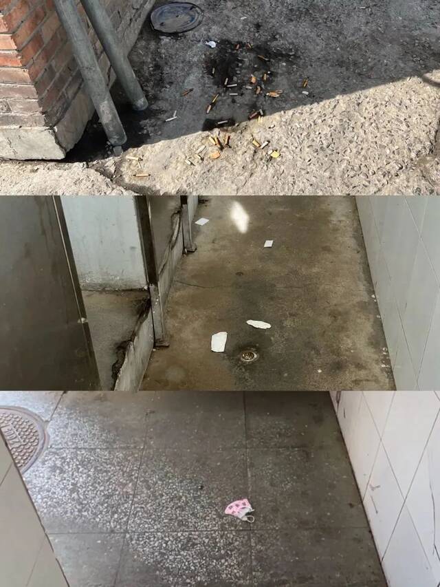 八里桥批发市场公厕地面有烟头和垃圾/记者拍摄