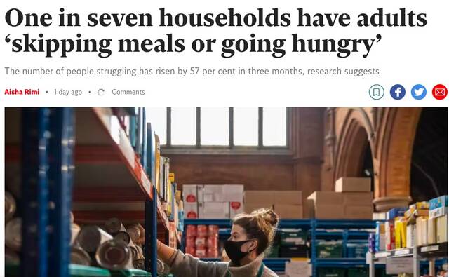 生活成本危机加剧，英研究称超200万英国成年人吃不起饭