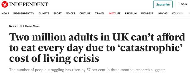 生活成本危机加剧，英研究称超200万英国成年人吃不起饭